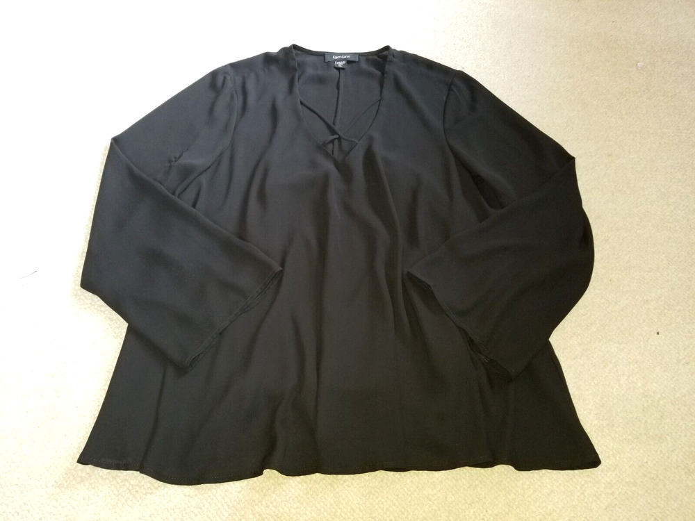 Womens Top-KAREN KANE-black v-neck silky lined flowy tunic old money-XL